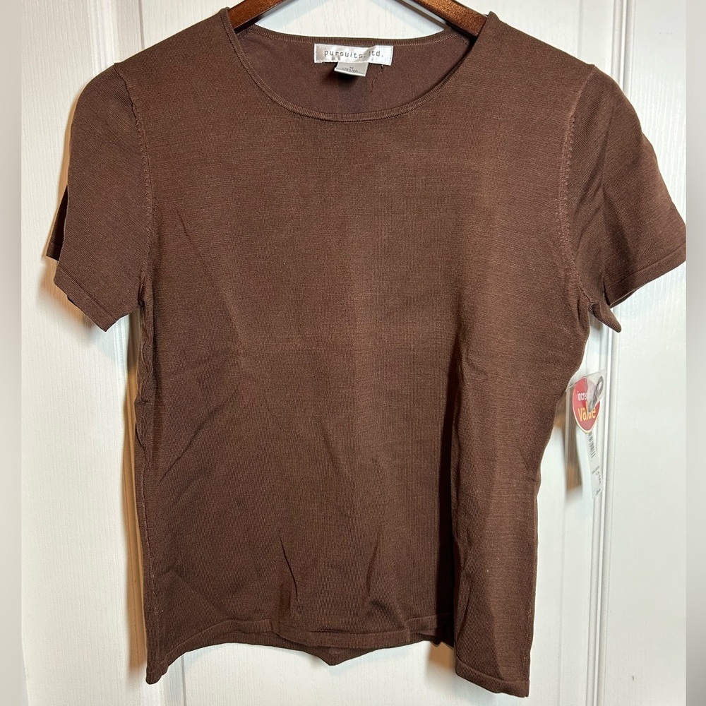 Pursuits Ltd Women’s Brown Silk Blend Short Sleeve Top - Size Medium NWT NOS